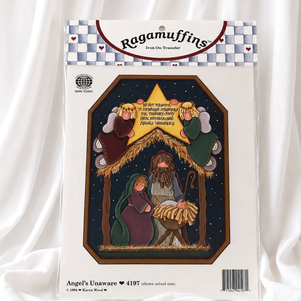 VTG Ragamuffins Angel's Unaware Iron On Transfer Karen Wood Nativity